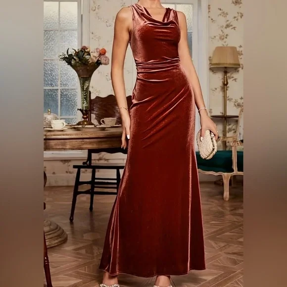 Brownish Red Velvet Cowl Neck Maxi Dress - Picture 4 of 7